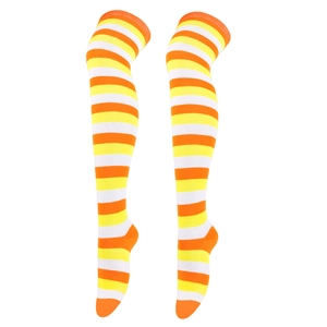 Detailed knit texture of bright yellow and orange striped over-the-knee thigh high socks