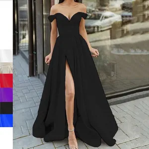 Women Elegant Satin Evening Dress Off The Shoulder High Slit Backless Maxi Solid Color Party Gown