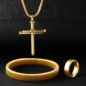 Punk style gold cross pendant necklace with matching bracelet and ring set for men
