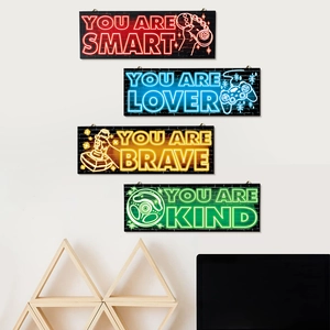 Set of 4 neon game themed wooden wall plaques with controller icons for bedroom decor