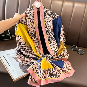 Fashionable oversized leopard print scarf with colorful color-blocking silk texture