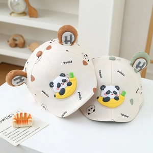 Cute panda baby beret hat with 3D ears and soft brim in creamy white cotton fabric