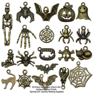 Set of 18 antique bronze Halloween charms with skulls pumpkins and bats for DIY jewelry