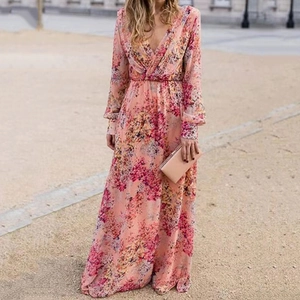 Women's Sexy V-Neck Floral Maxi Dress Long Sleeve Bohemian Elegant Pink Printed Large Swing Slim Fit Party Summer Dress