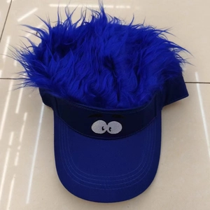 Funny blue baseball cap with fuzzy plush wig and large embroidered eyes for adults and kids