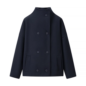 Women's navy blue double-breasted wool coat with high stand collar and short cut design