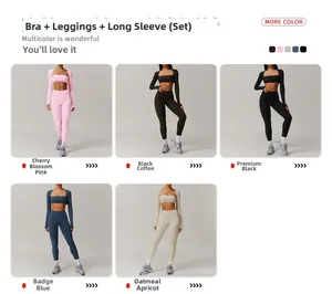 Detailed grid of 3-piece yoga set showing bra, leggings, and jacket in 5 versatile colors