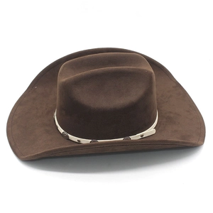 Detailed view of dark brown suede cowboy hat with vintage rivets on a white leather band