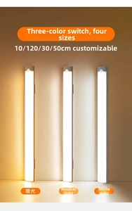 Slim LED cabinet light detail showing three color temperatures and various length options