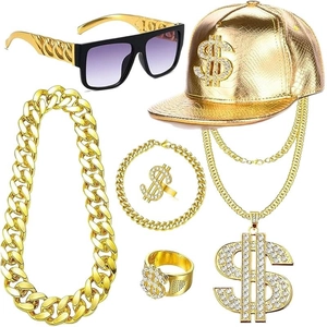6-piece gold hip hop set with dollar sign jewelry, flat cap and sunglasses on white