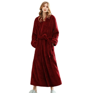 Thick flannel couple bathrobe in deep red with soft checkered texture and waist belt
