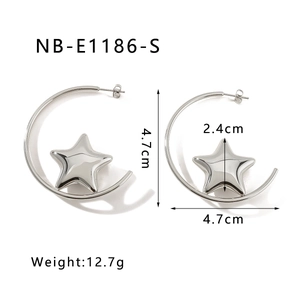 Detailed view of silver C-shape star earrings with exact size and weight dimensions
