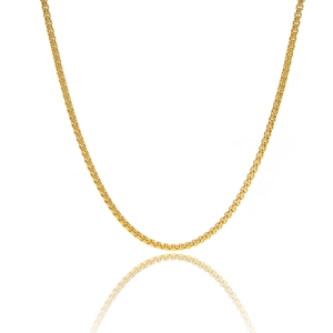 Macro detail of 18K gold-plated stainless steel round box chain necklace with mirror reflection