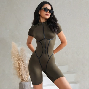 Army green compression short jumpsuit with front zipper and black stripe detailing
