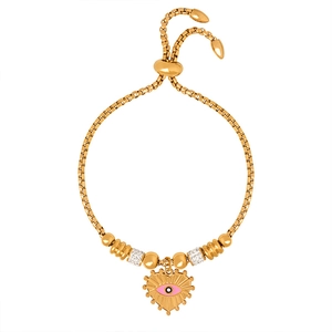 Adjustable 18K gold-plated evil eye heart charm bracelet with sparkling zircon accents