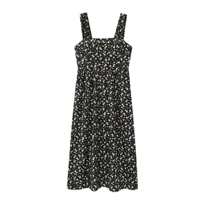Floral print A-line midi dress with spaghetti straps and square neck in black