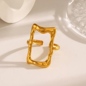 Golden irregular rectangular open ring with wavy hollow design in stainless steel