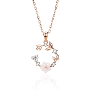 Elegant rose gold S925 silver necklace with butterfly, flower petals and zircon pendant