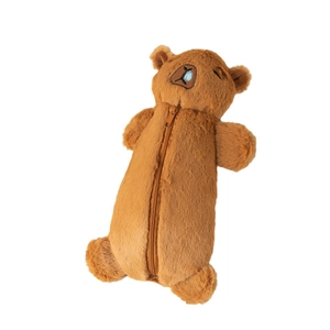 Plush capybara pencil case with soft brown fur and cute embroidered face on white background