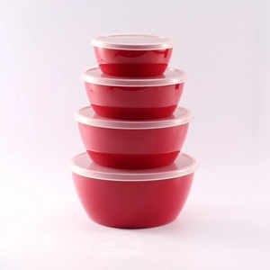4-piece set of red plastic food storage bowls with lids in various nesting sizes