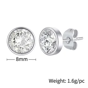Detailed view of 8mm bezel-set cubic zirconia stud earrings with size and weight specs