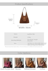 Detailed size chart and dimensions of the leopard print faux suede tote bag