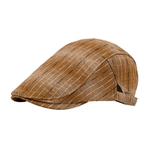 Brown striped flat cap for men and women with breathable linen texture and metal buckle
