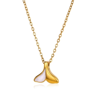 Macro shot of gold fishtail pendant with white mother-of-pearl inlay and thin chain