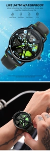 Macro detail of wheel hub watch dial with green accents and 3ATM waterproof splash display