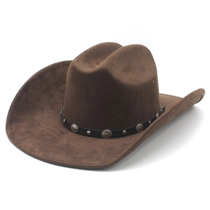 Classic dark brown suede western cowboy hat with studded leather band on white background