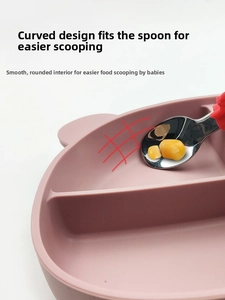 Detail of baby silicone suction plate with curved inner walls and stainless steel spoon
