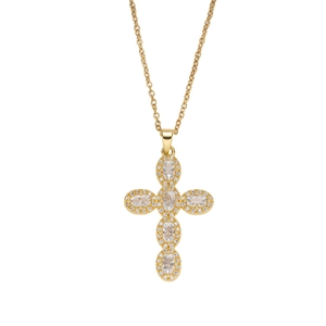 Gold-plated stainless steel cross necklace with sparkling white cubic zirconia stones