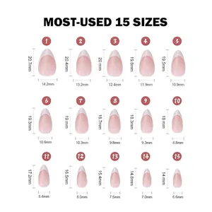 Guide des tailles pour 15 faux ongles amande courte avec mesures précises en mm