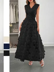 Robe Maxi Sans Manches Col En V Élégante Polyester Texture Plumes Franges Ligne A Longue Robe De Soirée Pour Femmes