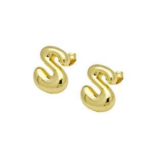 Close-up of polished gold S-shaped balloon bubble stud earrings on a white background