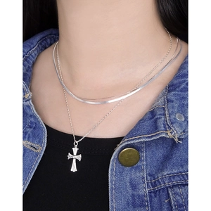 Three-layer silver cross pendant necklace with snake chain and layered link design