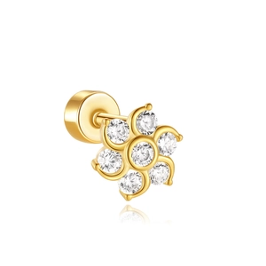 Macro view of gold flower cartilage earring with white zircon inlay and flat screw back