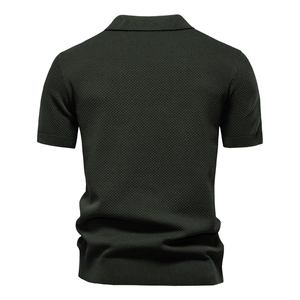 Back view of high-quality dark green knitted Polo shirt with fine pineapple texture