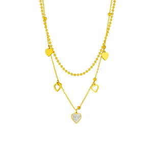 Double-layered gold heart necklace featuring beaded chain and pavé crystal heart pendant