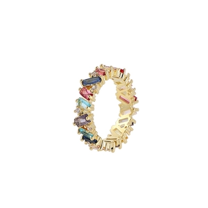 Gold plated ring featuring multi-color rectangular zircon stones in a classic row setting