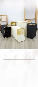 Bamboo frame foldable laundry basket in black and beige canvas with side handles
