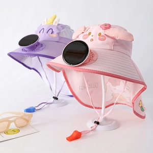 Children solar fan sun hat with purple unicorn and pink pig cartoon patterns