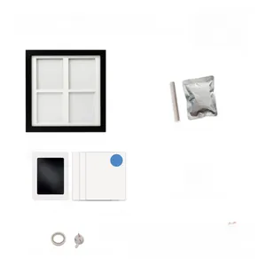 Detailed kit components for DIY baby hand and footprint memorial with wood frame