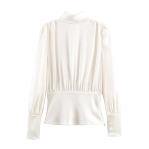 Elegante Camicetta Da Donna In Raso Maniche Lunghe Fiocco Schiena Scoperta Vita A Pieghe Top Tinta Unita