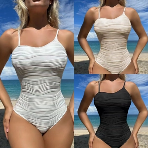 Women One-Piece Swimsuit Solid Color Wave Texture Spaghetti Straps Backless Padded Beachwear Polyester Spandex