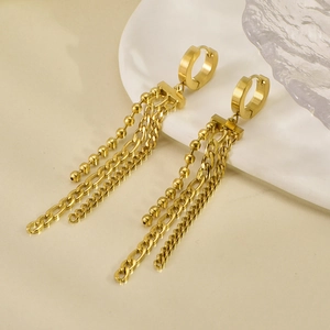 Elegant gold-plated stainless steel long tassel earrings with bead and chain drop style