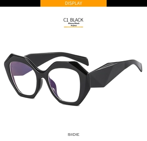 Side view of C1 black geometric polygonal eyeglass frame with wide temples