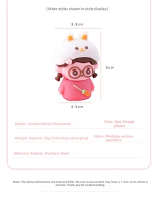 Cartoon pencil sharpener size detail showing 5cm height and rubber rabbit girl design