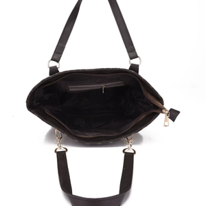 Top view of deep brown tote bag interior featuring zipper pocket and open slots