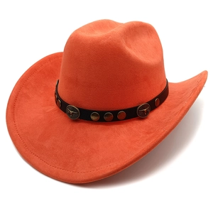 Detail of orange suede cowboy hat featuring a black leather band with bullhead studs
